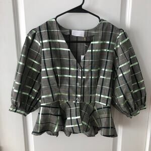 Jeune Otte Christine Blouse Size S PUFF SLEEVE PEPLUM BLOUSE IN WOOL PLAID $275